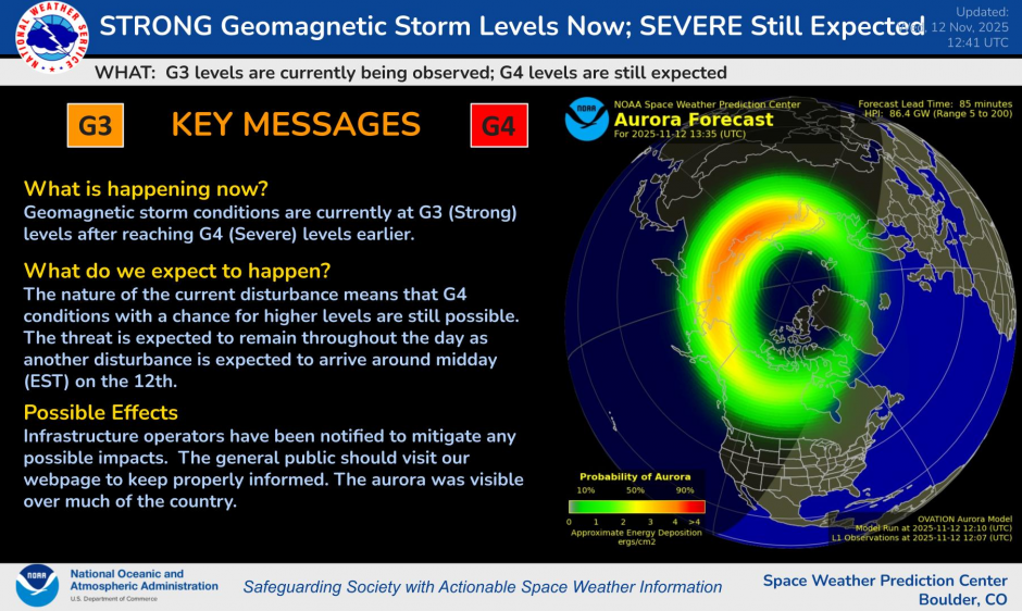 NOAA Space Weather map showing the aurora forecast for 11/12/2025 with significant activity highlighted in the form of a ring of bright green, yellow, and red hues over the North Pole, Greenland, and much of Canada