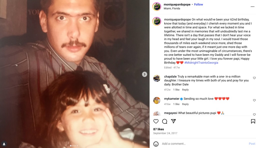 Screenshot of Monique Pardo Pope as a child sitting with her father Manuel Pardo