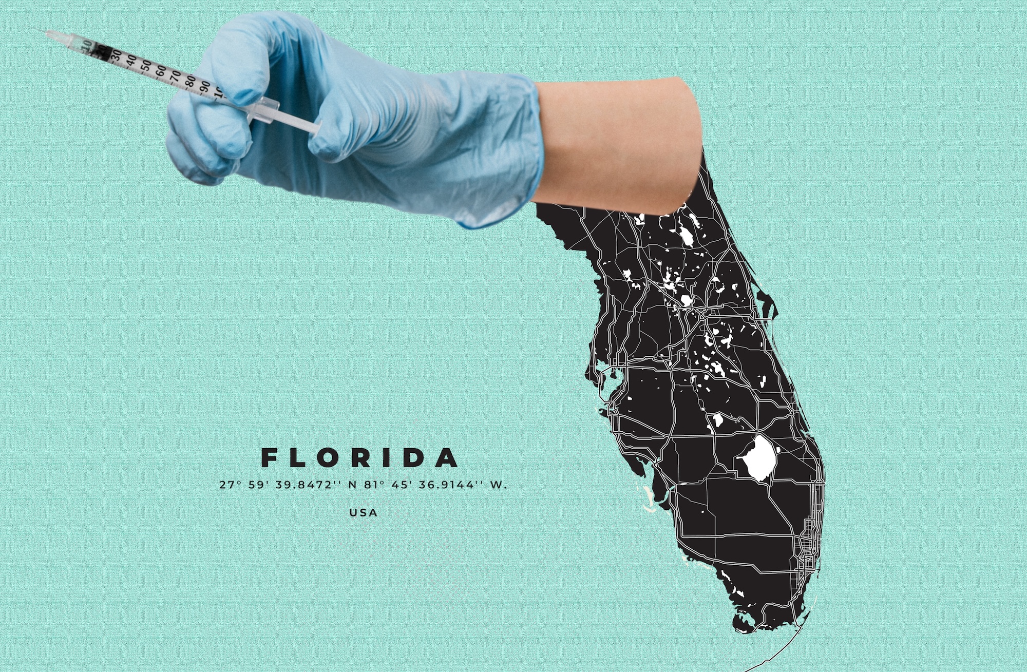 silhouette of a map of the state of florida overlaid by an arm with a gloved hand wielding a syringe