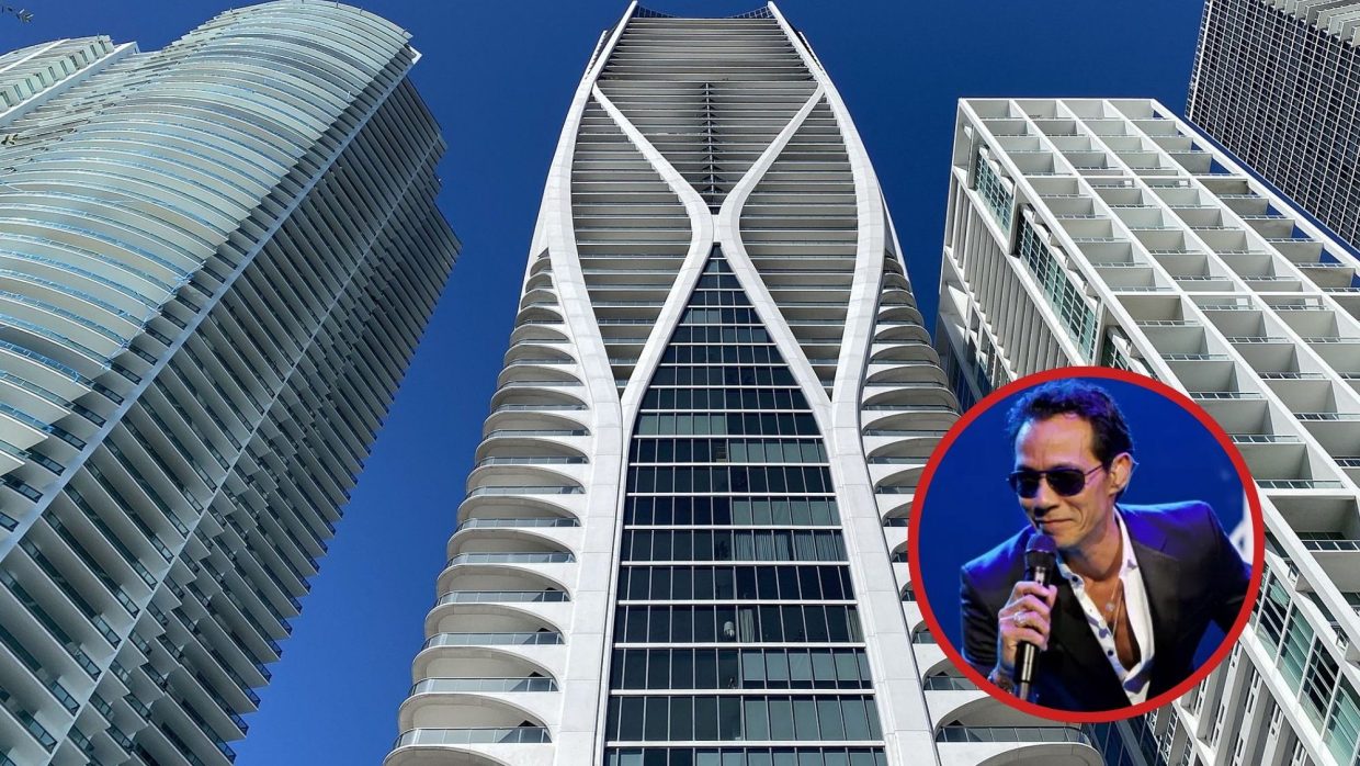 Picture of the Miami building One Thousand Museum next to a headshot of Marc Anthony.