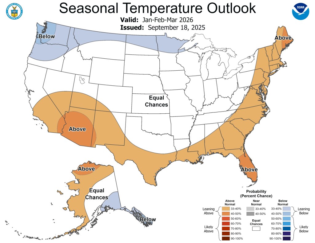 Depicted is a map of the U.S. showing temperature forecasts for January through March.