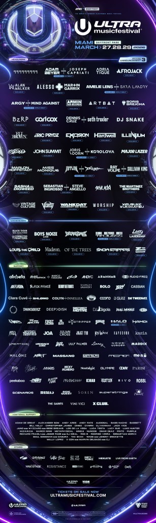 A graphic showing Ultra Music Festival's 2026 lineup.