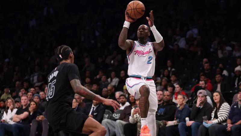 Terry Rozier #2 of the Miami Heat attempts a shot during the second half against the Brooklyn Nets at Barclays Center on January 25, 2025