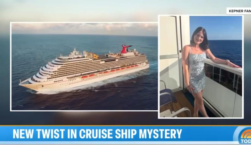 Screenshot of Today Show showing a photo of the Carnival cruise ship on the left and Anna Kepner, a young brunette in a sequined blue dress posing from a cruise ship balcony, on the right