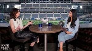 Charlotte Jones (left) speaks with Katie Miller inside Dallas Cowboys stadium