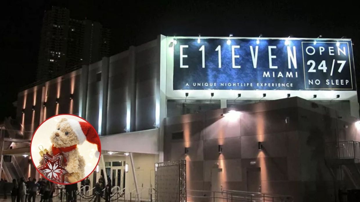 Photo of the exterior of a building that reads eleven with a superimposed image of a teddy bear.