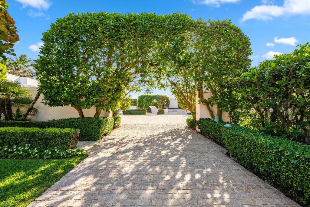 Trees arch over a brick driveway lined with shrubs of various heights