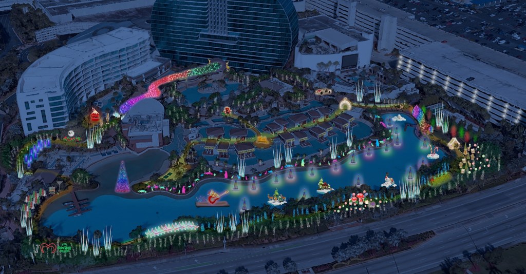 rendering of a god's-eye view of a holiday park with light displays at the base of the Seminole Hard Rock's guitar hotel in Hollywood, Florida