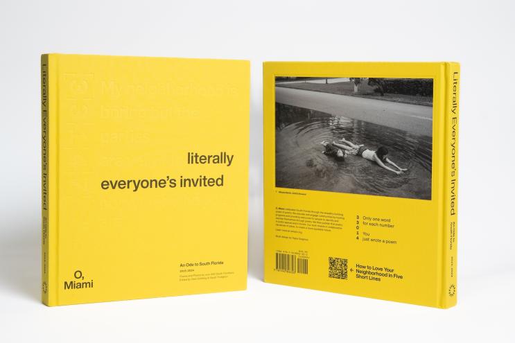 Photo of a two standing copies of the same book with a yellow cover. The book of the left shows the front cover with embossed text reading, "My neighborhood is boring but the parties are very fun literally everyone's invited no matter who you are." The words, "literally everyone's invited" are highlighted in black text. The back cover shows a black-and-white photo of two children lying in a street puddle.