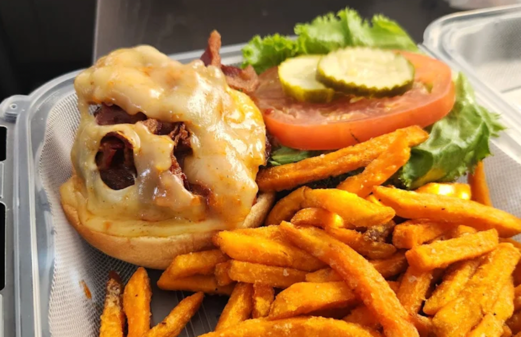 cheeseburger and fries and a salad