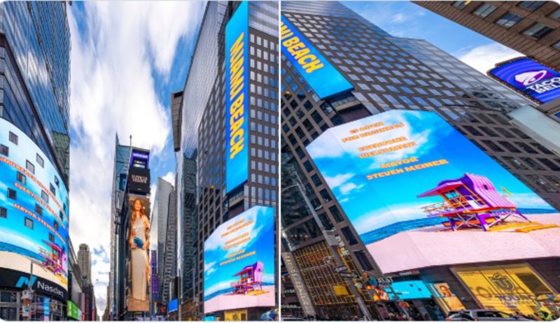 Screenshot of Steven Meiner's tweet. It features two images of Miami Beach advertisements in Times Square