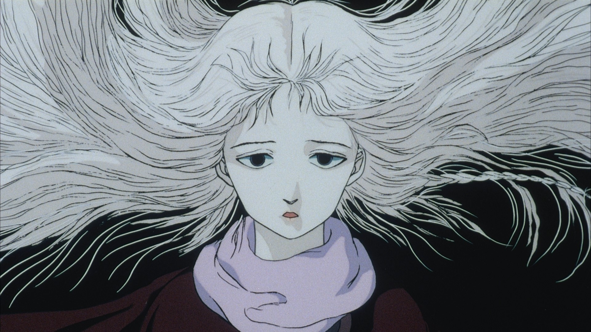 still of an anime film showing a close-up of a white-haired girl in a lavender scarf making a serious expression