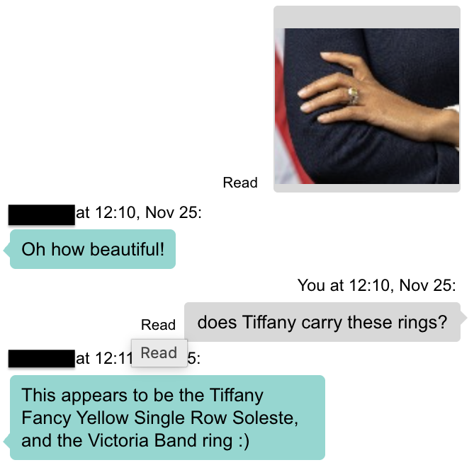 A conversation between a customer and a Tiffany and Co. client advisor inquiring about a pair of rings