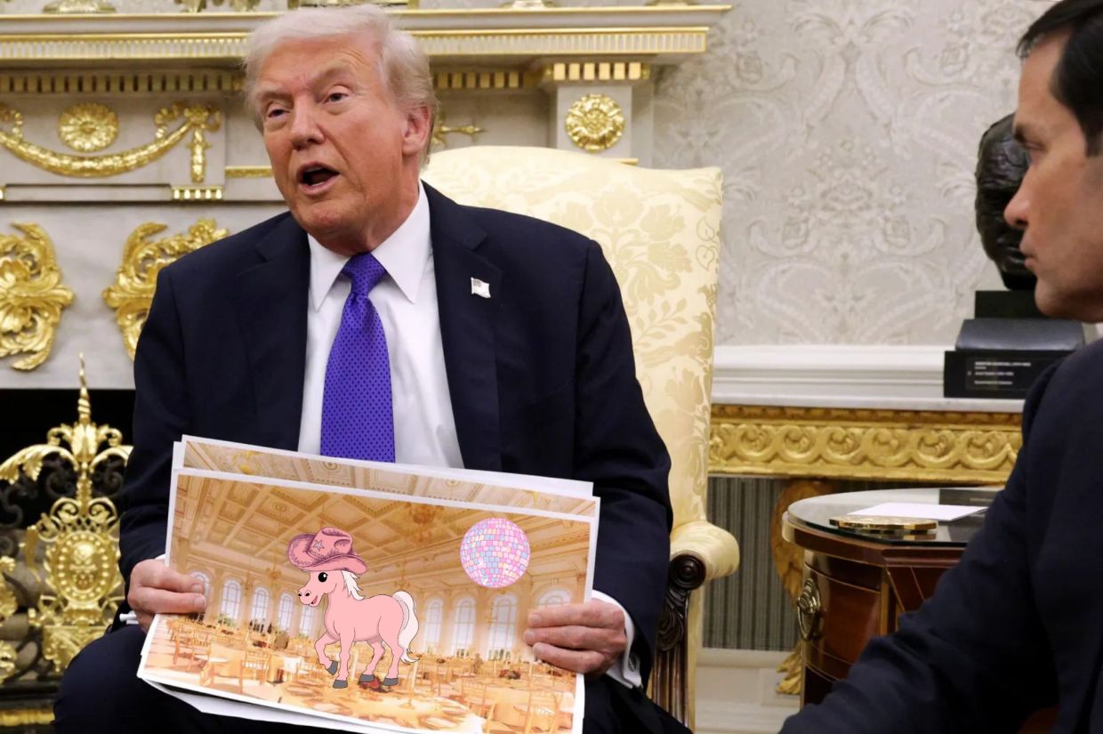 Photo of Donal Trump holding a photo with a pink pony illustration.