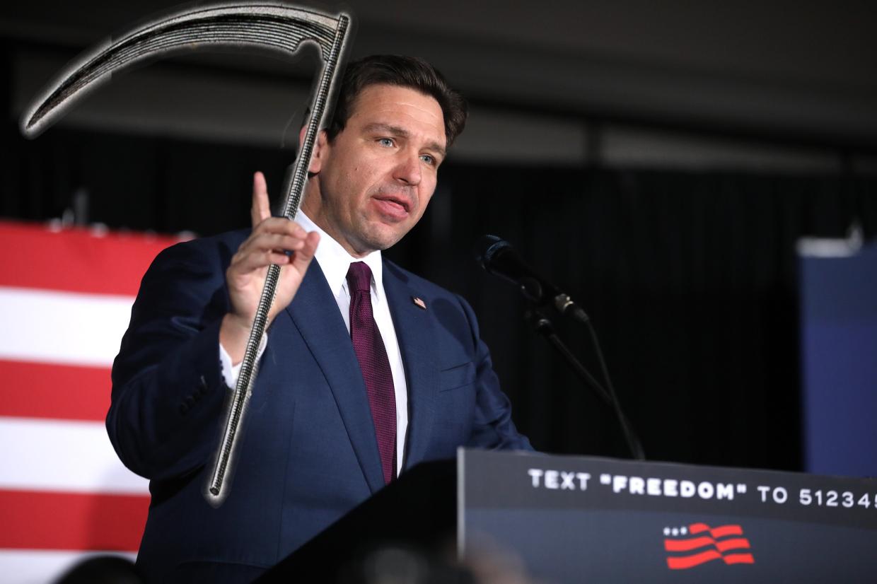 color photo-illustration depicting Ron DeSantis at a lectern with an American flag in the background and appearing to wield a Grim Reaper-worthy scythe, the latter taken from a black-and-white etching in the public domain