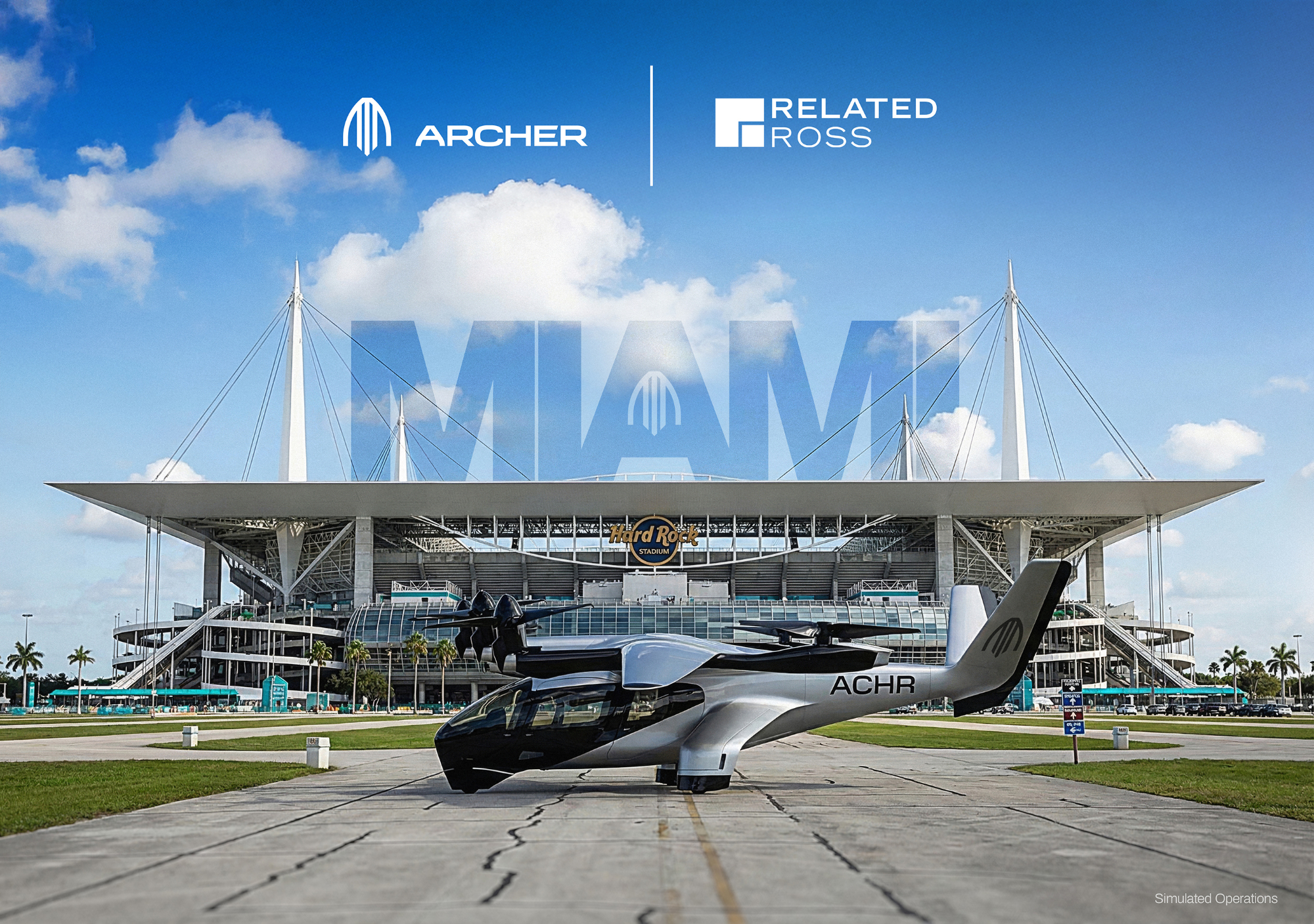 Archer Midnight electric air taxi in front of Hard Rock Stadium