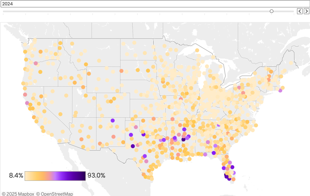 A U.S. map showing orange and purple dots to represent which cities saw the most home value losses 