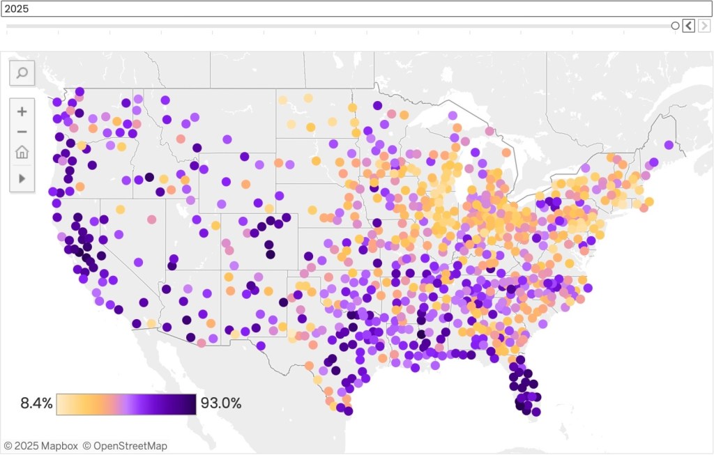 A U.S. map with purple and orange dots showing cities where home values dropped