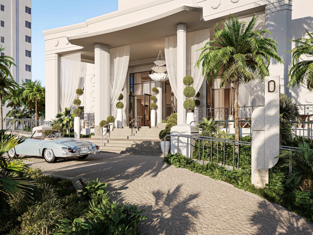 digital rendering of the facade of the Delano Miami Beach with a luxury car out front