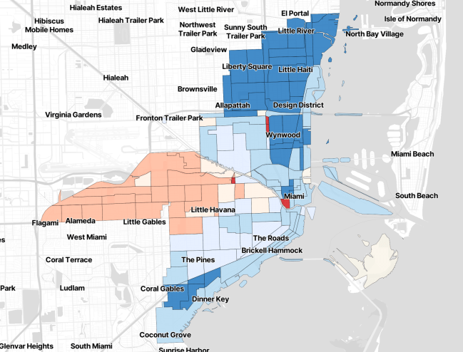 a map of the City of Miami with areas shaded in gradients of red and blue, depending on whether the precinct voted for Eileen Higgins or Emilio Gonzalez in the 2025 mayoral runoff election
