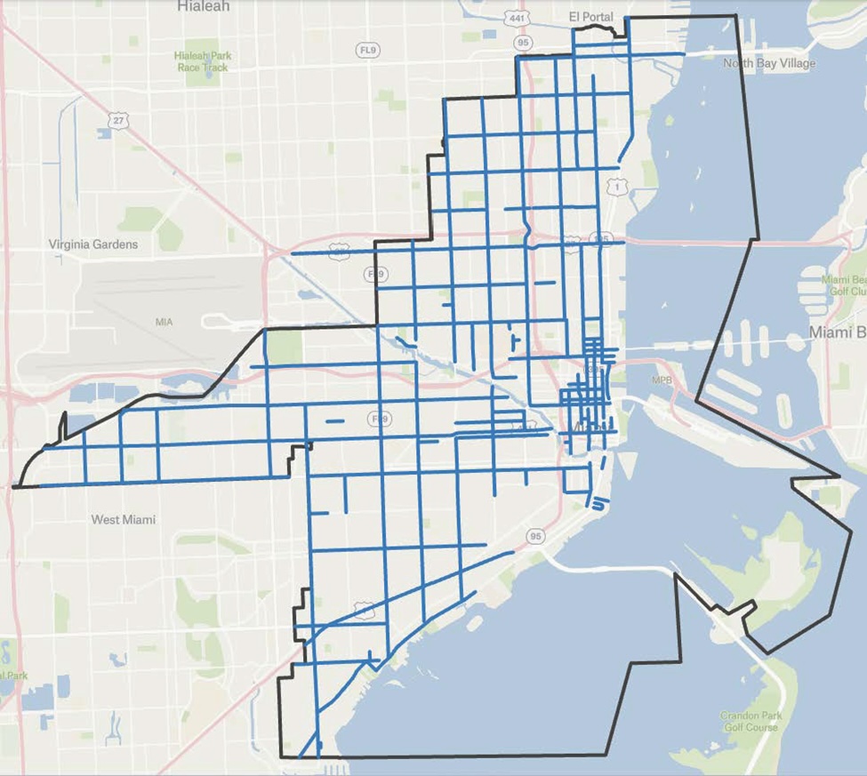 a map of Miami with streets outlines in blue