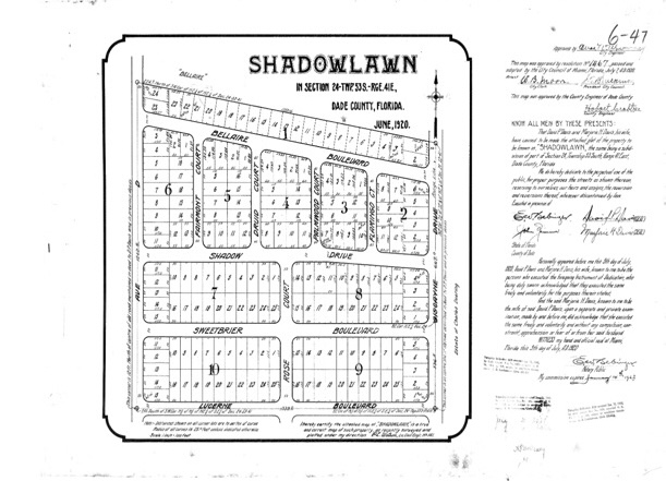 a cross-sectional map of roads and city blocks in Miami from 1920