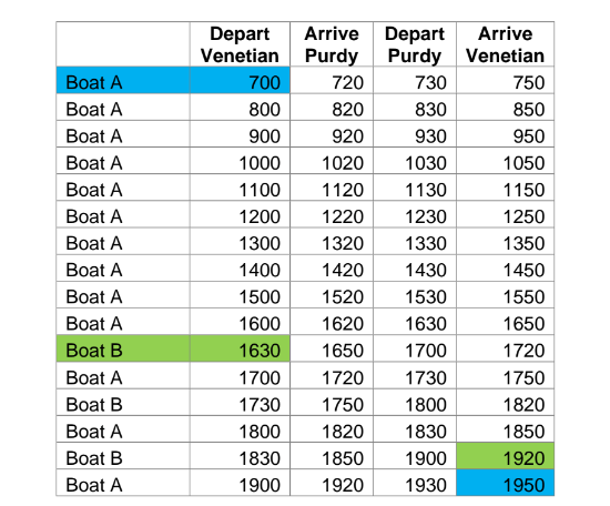 A schedule for the Miami Beach water taxi