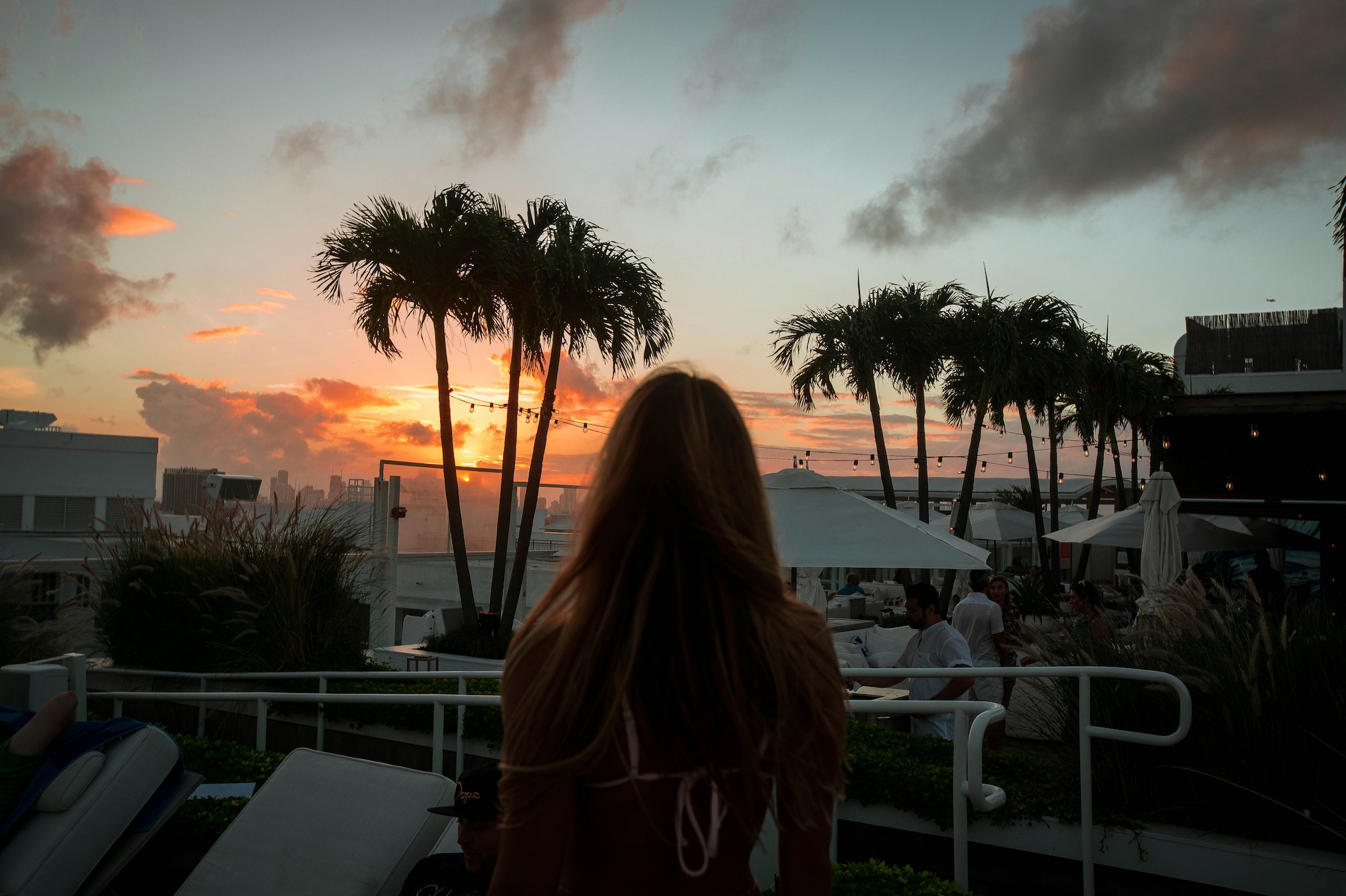 photo of the silhouette of a women watching the sun set behind palm trees on a hotel rooftop
