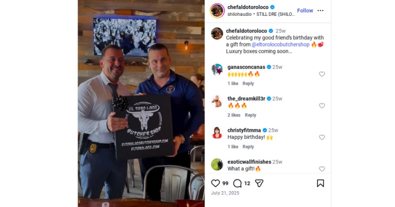 Screenshot of Instgram post which shows Winsor Lozano (left) holding a El Toro Loco Box with the owner of the restaurant. His badge and gun are on his right-side.