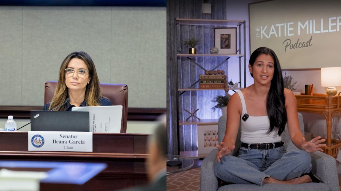 A photo of Senator Ileana Garcia sitting at the dais and a photo (right) of Katie Miller wearing a white tank top and jeans, sitting cris-cross with her legs on a chair as she hosts her podcast.