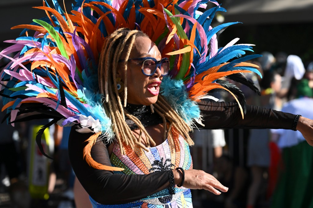 photo of a woman wearing a a colorful corset and feathers