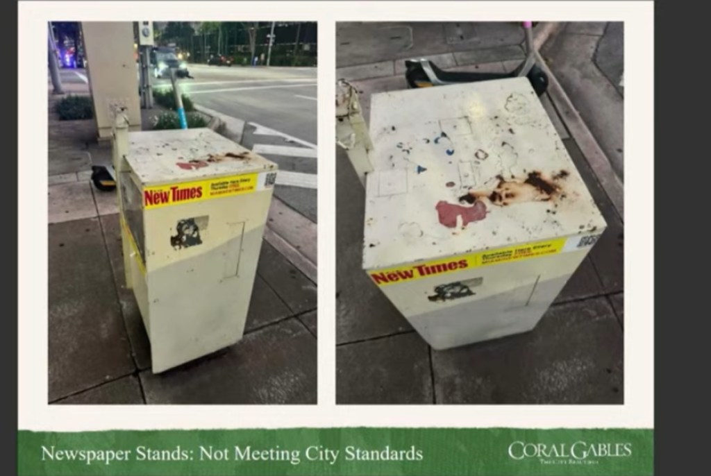 Coral Gables slide show showing two photos of Miami New Times news box with markings and stickers