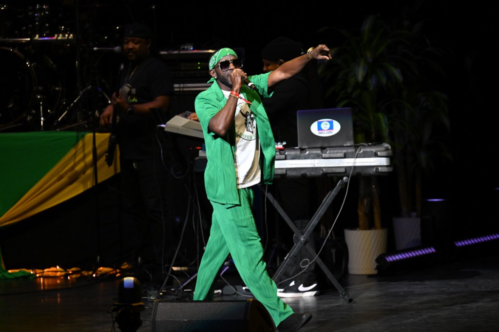 A man on stage wearing green