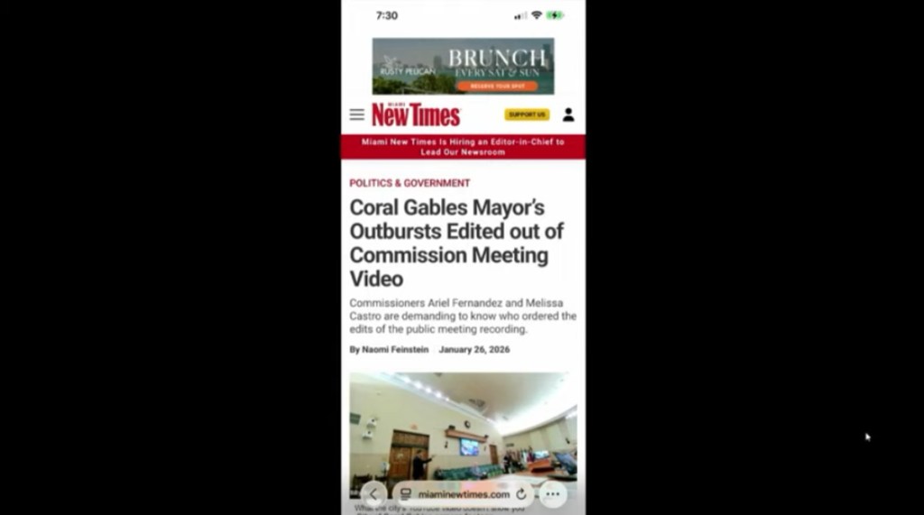An iPhone screenshot of Miami New Times Story. It shows only the top of the page and the photo.