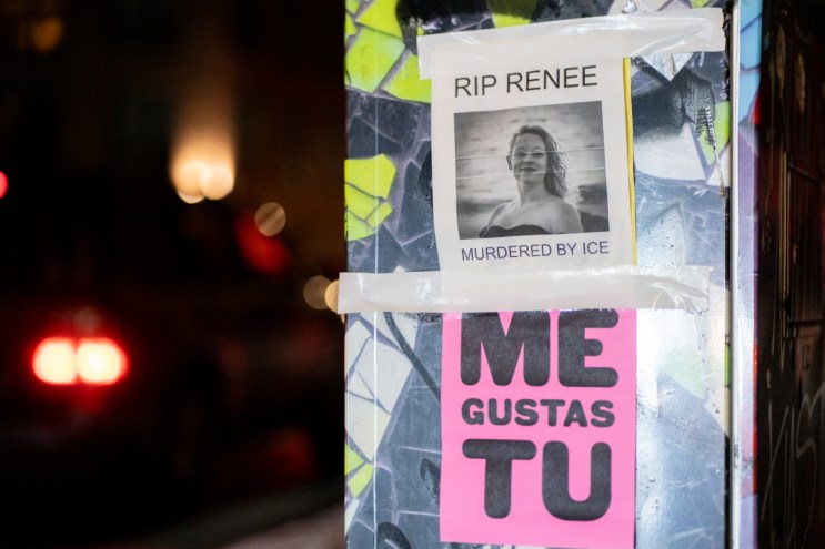 A poster of a white woman reads "RIP RENEE"