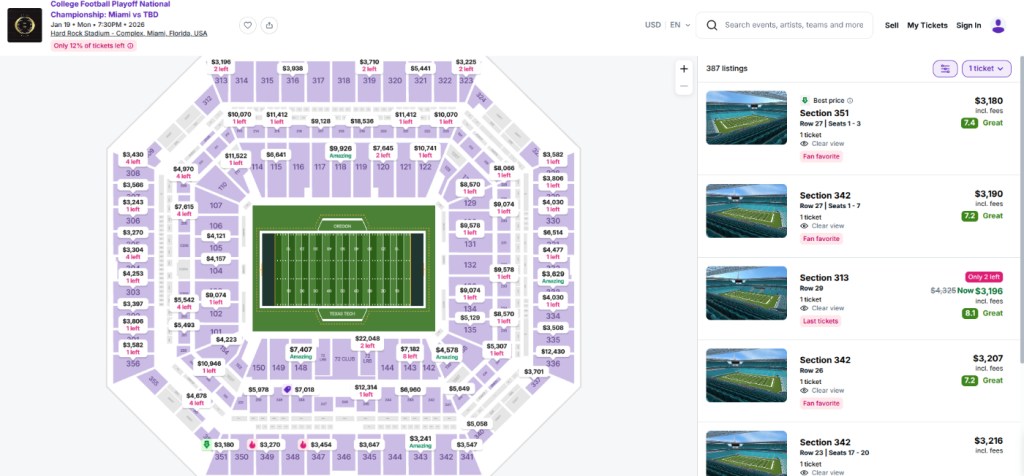 StubHub website showing Hard Rock Stadium with different shades of purple to show ticket prices