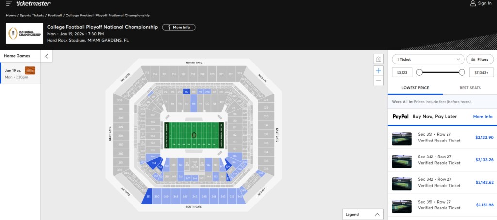 Ticketmaster website showing ticket prices and map of Hard Rock Stadium 