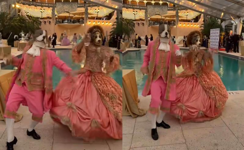 Entertainers in dog costumes and Rococo-era 18th-century European aristocratic court costumes.