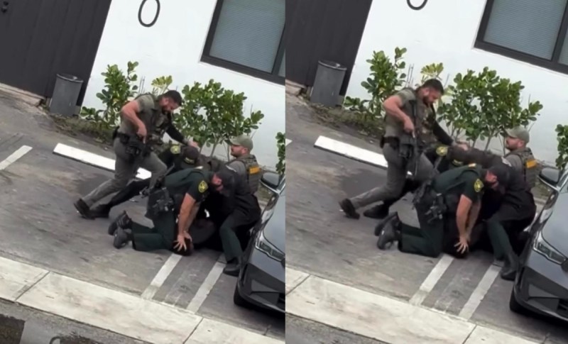 Photos of a police officer stomping on a man who is face down on the pavement.