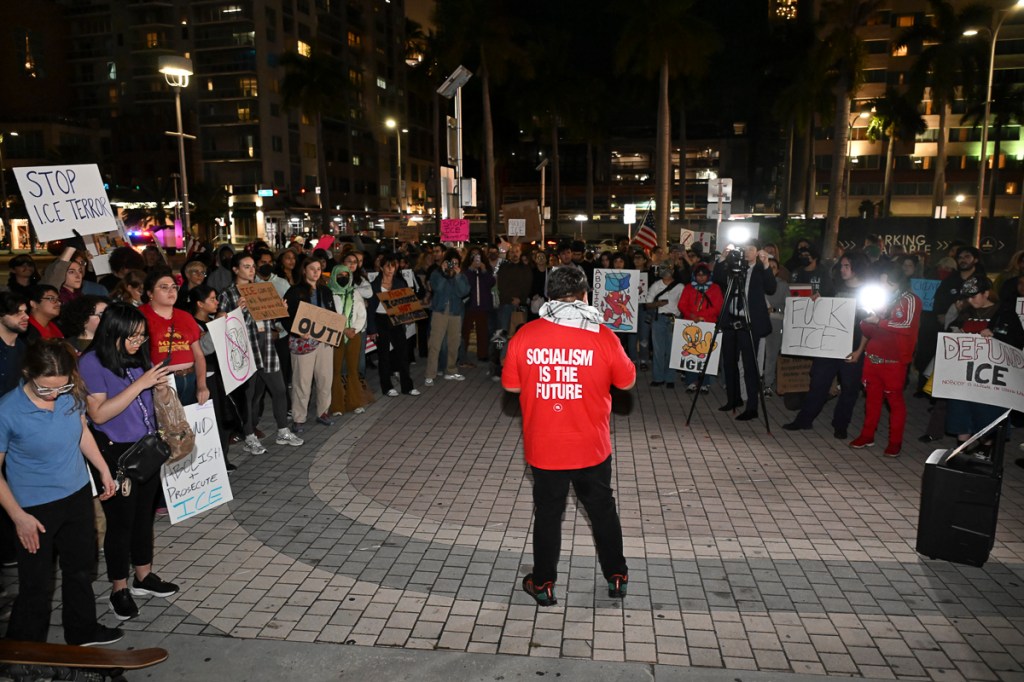 photo of protesters at a rally with a person in the middle wearing a red shirt reading, "socialism is the future"