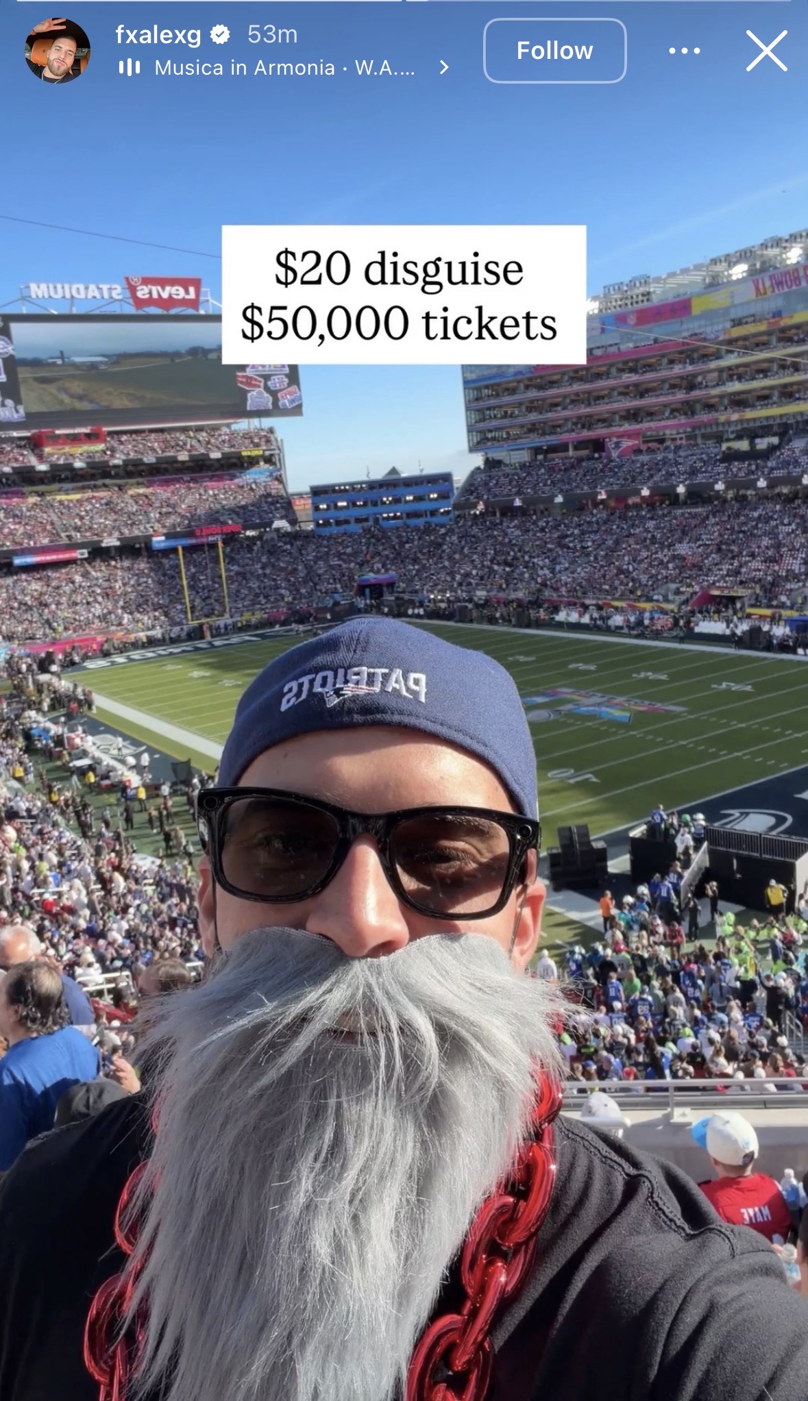 a man wearing a fake grey beard, Patriots hat, and sunglasses