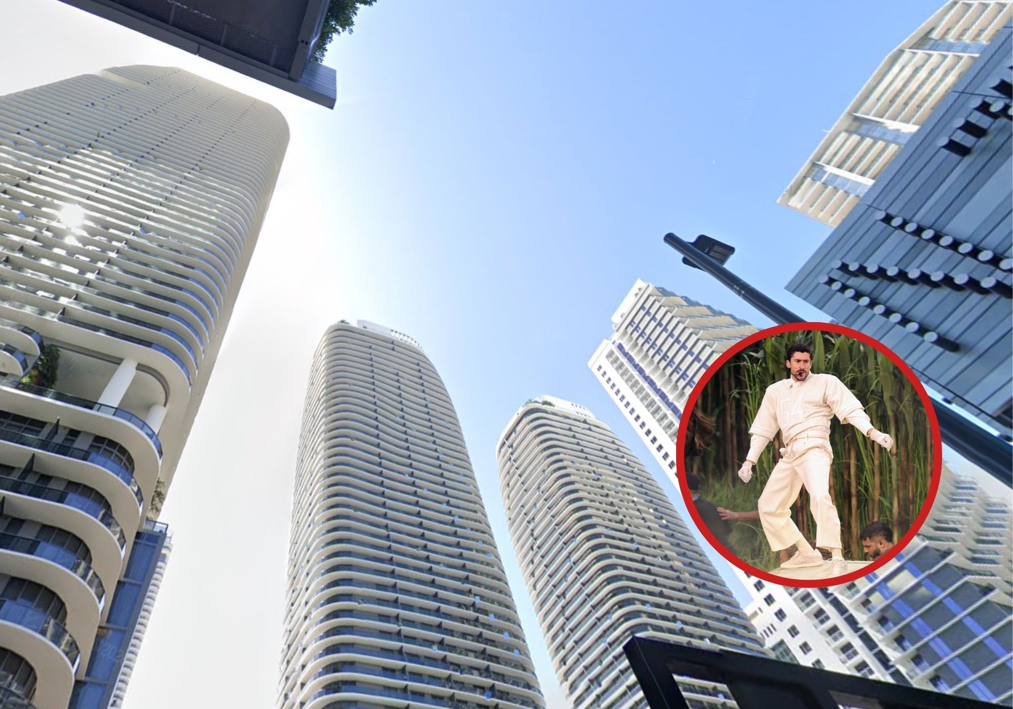 Photo of a building in brickell and another photo of Bad Bunny