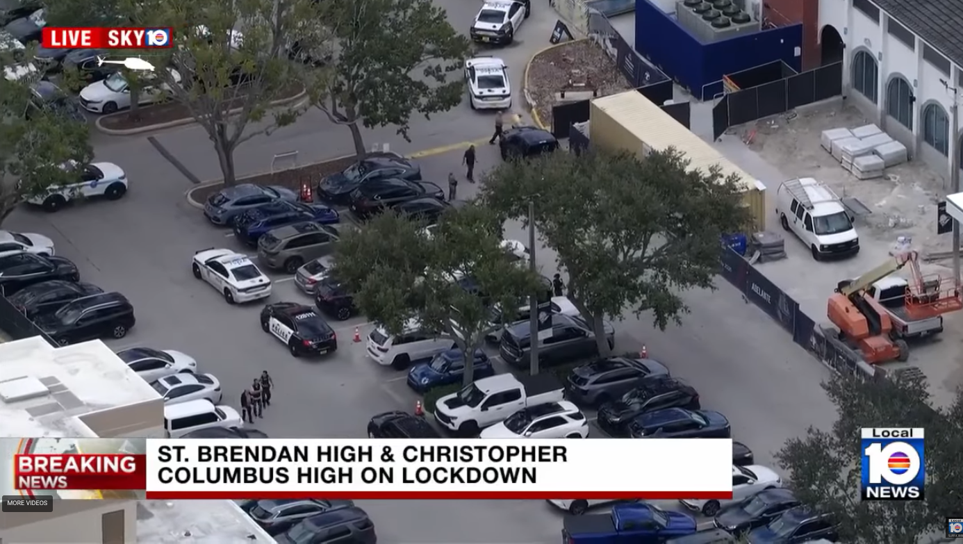 screenshot of outside of a high school, news coverage of a possible shooter on campus