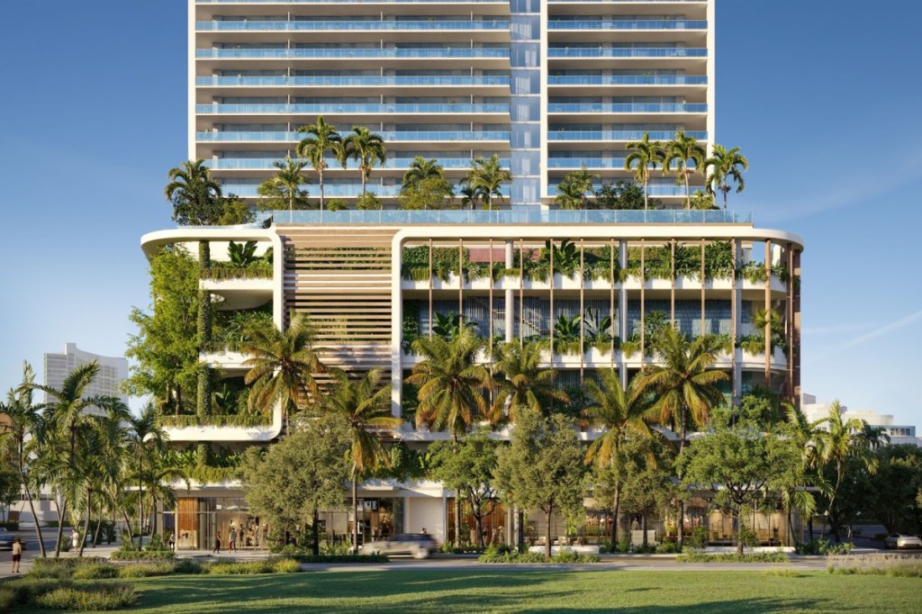 Jean-Georges Miami Tropic Residences tower with palm trees