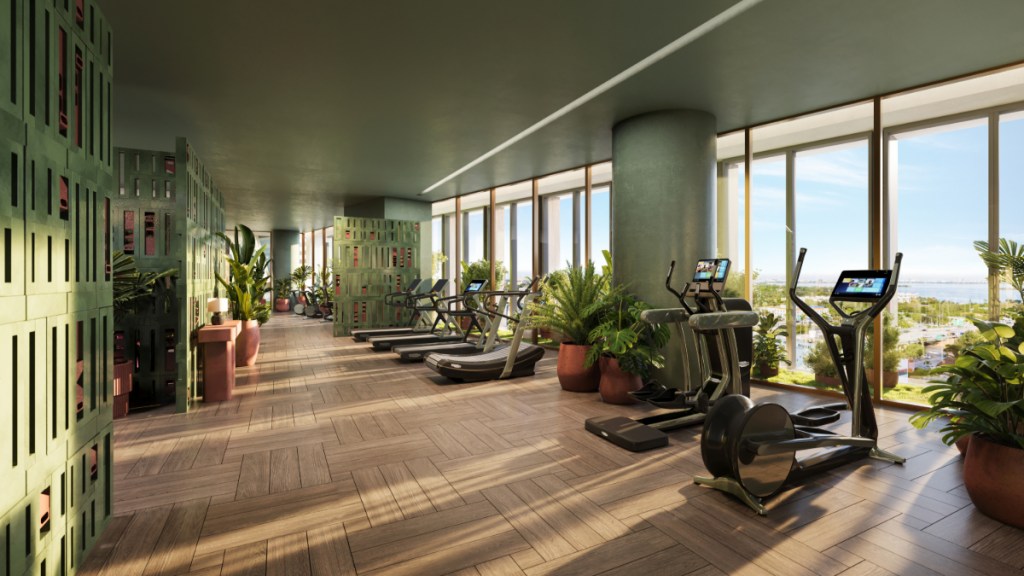 Green fitness center that overlooks the water