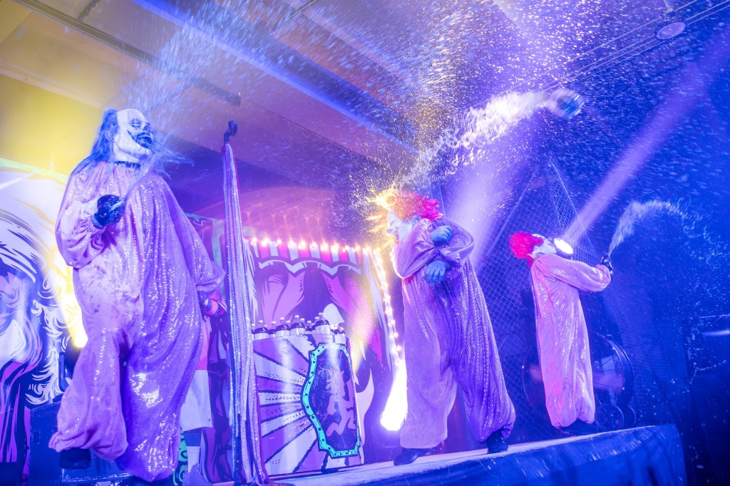 Photo of clowns on stage at Juggalo Weekend’s First Night in Miami
