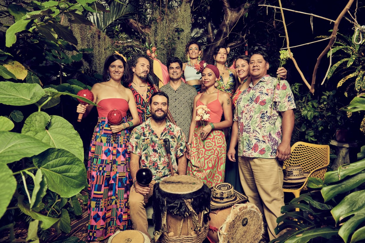 Photo of a band dressed in colorful colors posing in the middle of plants