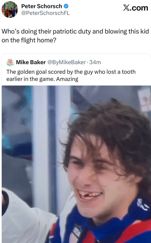 Screenshot of Peter Schorsch tweet with a photo of Jack Hughes face with his chipped teeth
