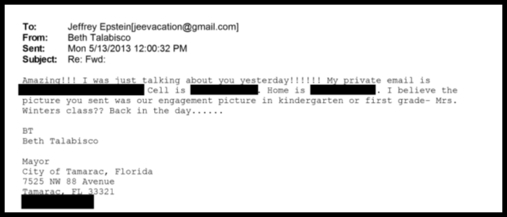 Screenshot of an email from Beth Talabisco to Jeffrey Epstein.