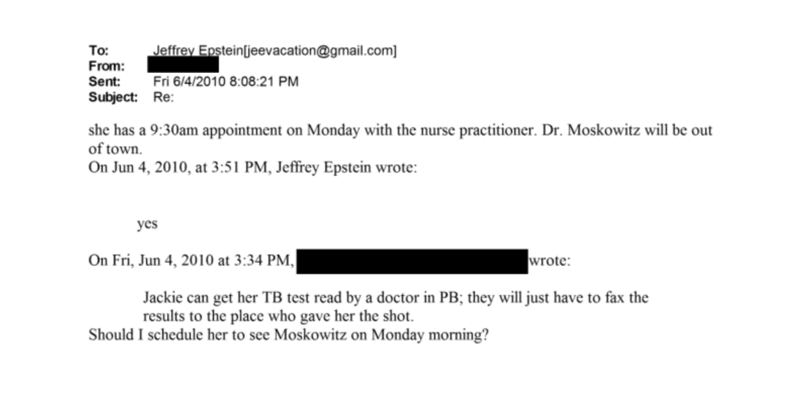 an email from Jeffrey Epstein to Bruce Moskowitz asking about a TB test